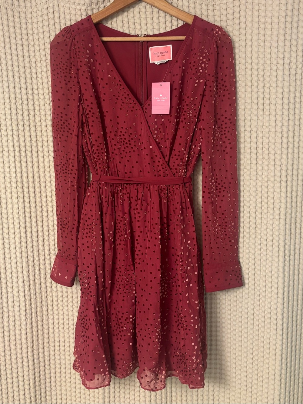 Kate Spade Maroon Festive Confetti Devore Long-Sleeve Mini Dress Size 6 - Picture 1 of 12